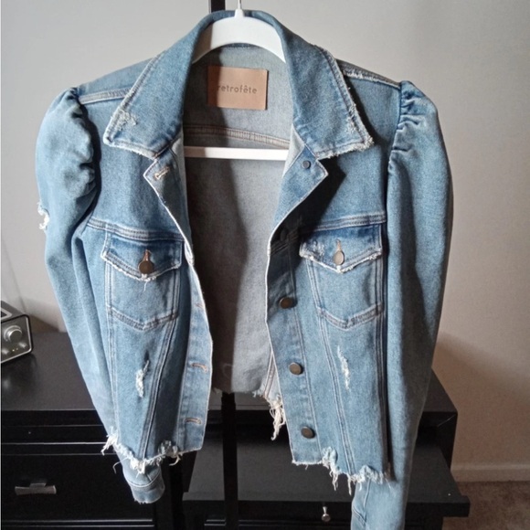 Retrofete Rissa Puff Sleeve Cropped Distressed Denim Jean Jacket Size M EUC - Picture 5 of 6